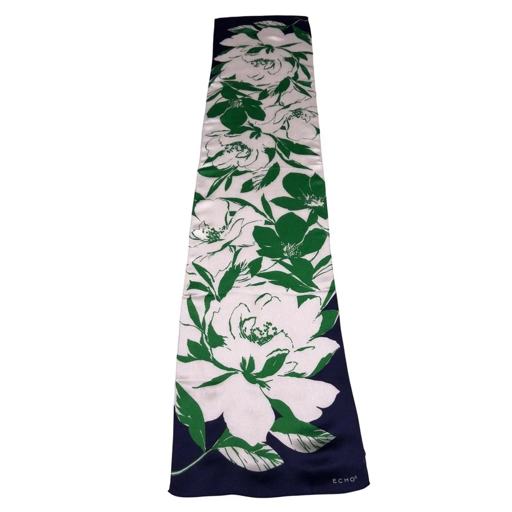 Vtg Echo Silk Scarf Women 11x51 Navy Green White Floral Oblong Scarflette Preppy